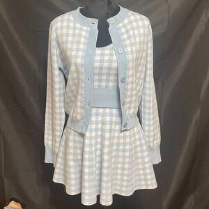 Sugar+Lips Blue and White Gingham Cardigan with Knit tank and knit skirt